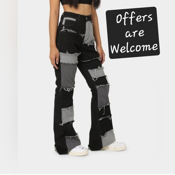 Denim - Patchwork Denim High Rise Flare Jeans in Blk/Dark Gray/Light Gray fringed Size M